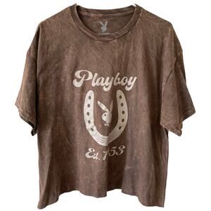 PLAYBOY Brown Tie Dye Graphic Print Cropped Short Sleeve T Shirt Size XL Cotton